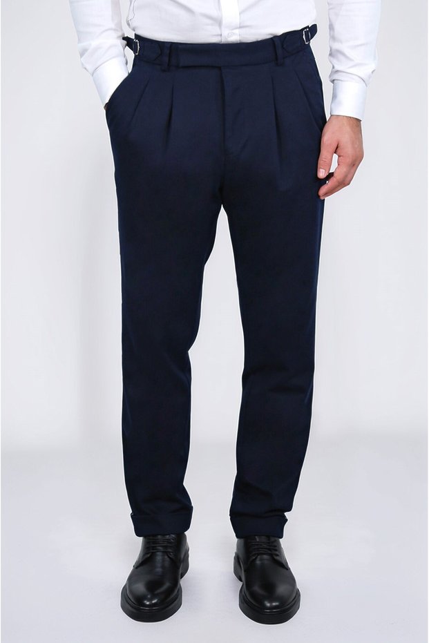 Navy Blue Single Pants with Buckle Detail and Double Leg Opening