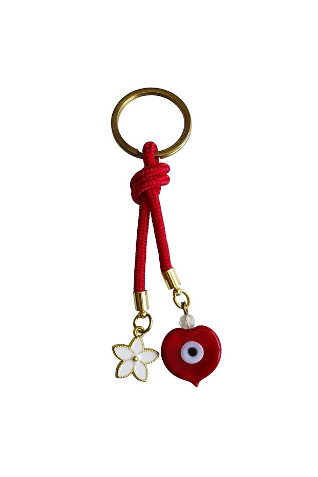 Stylish Red String Keychain with Heart Evil Eye Beads and Lotus Figure - 1
