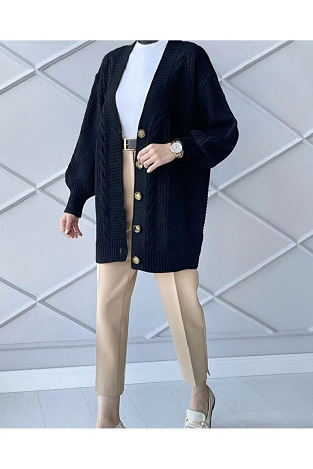 Black Hair Knit Balloon Sleeve Soft Textured Long Women's Knitwear Cardigan