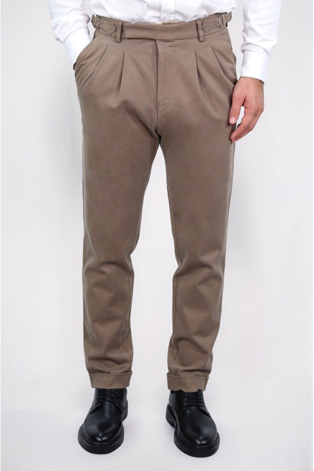 Dark Beige Single Pants with Buckle Detail and Double Leg Opening.