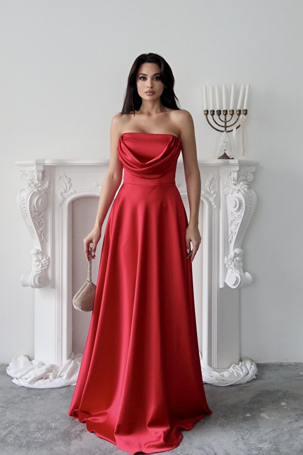 Red Bust Draped Strapless Satin Evening Dress