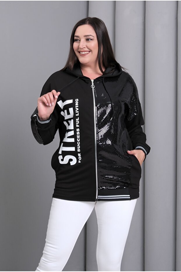 Women's Plus Size Black, 2 Thread Front Print Detail, Hooded Zippered Sweatshirt 65N39190