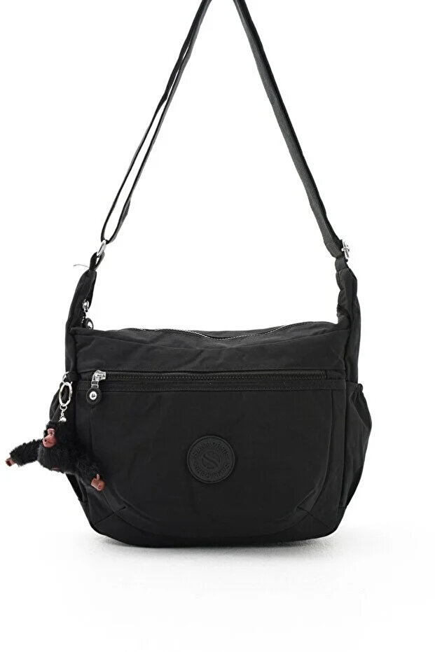 Women's Black Crinkle Fabric Crossbody Shoulder Bag with Accessories