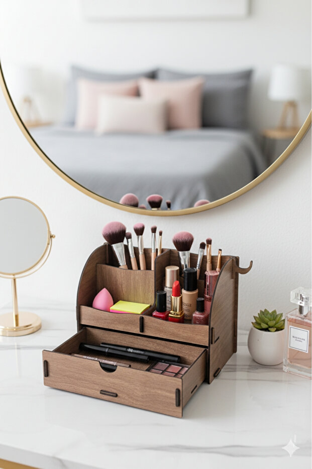 Curve 3-Compartment, Drawer Desktop Wooden Organizer Pen Holder - Jewelry Makeup Multi-Purpose Organizer