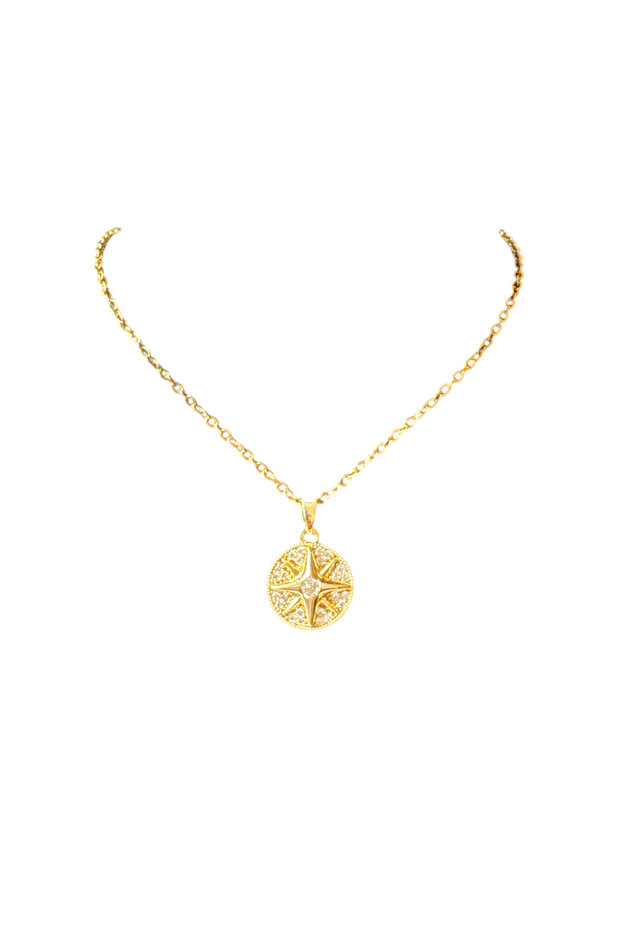 Steel Gold Stone Compass Necklace
