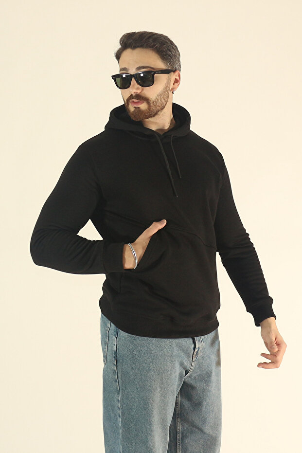 Men's Winter 3-Thread Side Pocket Puff Fabric Sweatshirt - Regular Fleece-Lined Hoodie