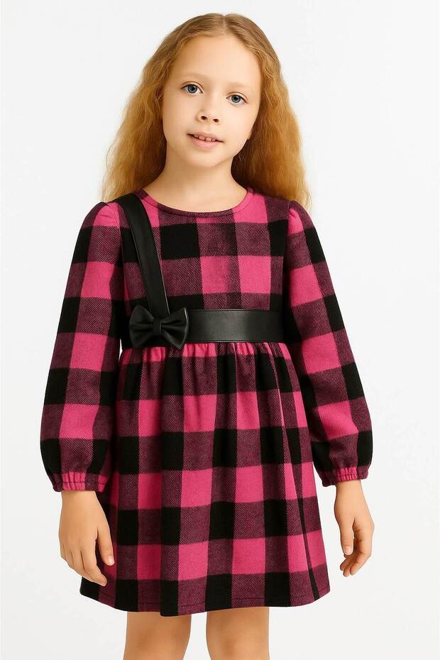Girl's Dress Plaid Patterned Belt and Bow Leather Detail Long Sleeve 3-8 Years
