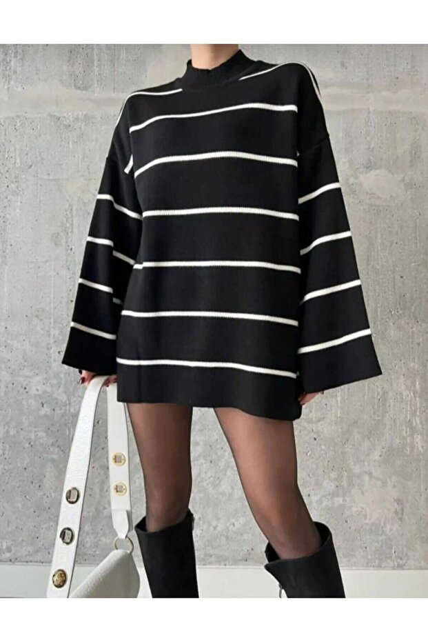 Black Oversize Striped Half Fisherman Women's Knitwear Tunic Sweater