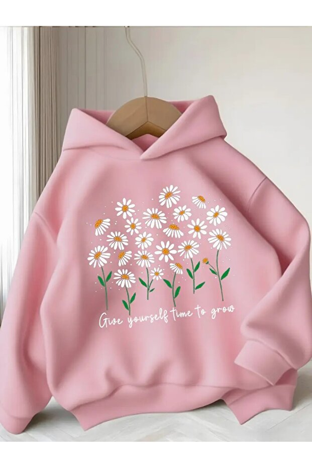 Hooded Sweatshirt for Children White Daisy Flower Printed