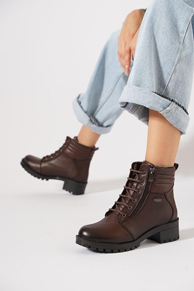 Yores Konç Embroidered Women's Genuine Leather Boots Brown Leather