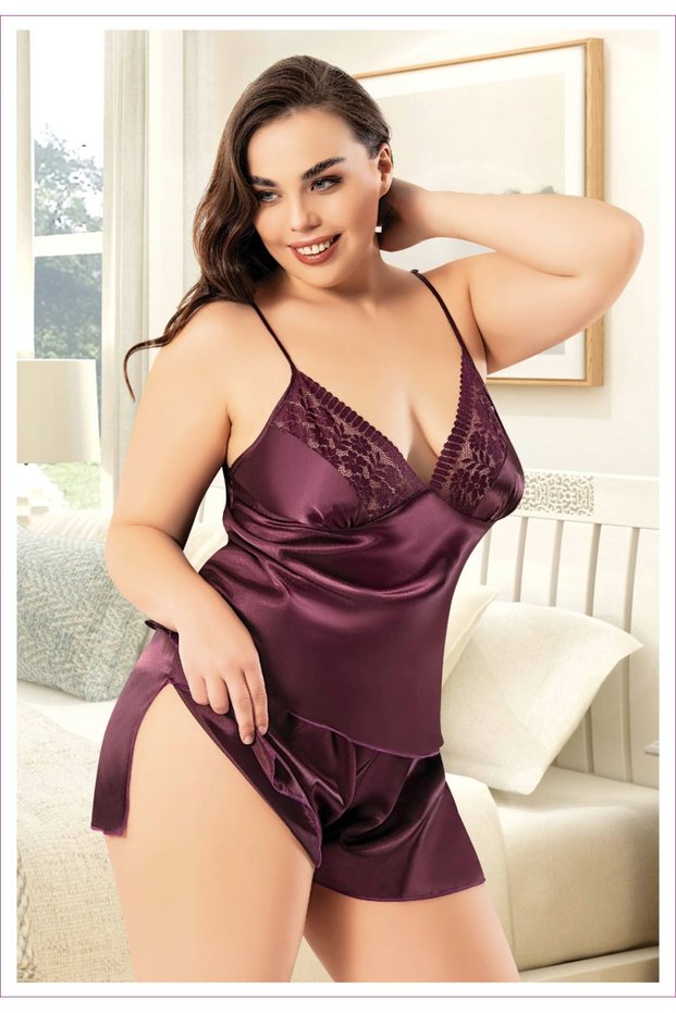 4237 Purple Plus Size Lace Strap Satin Shorts Nightgown