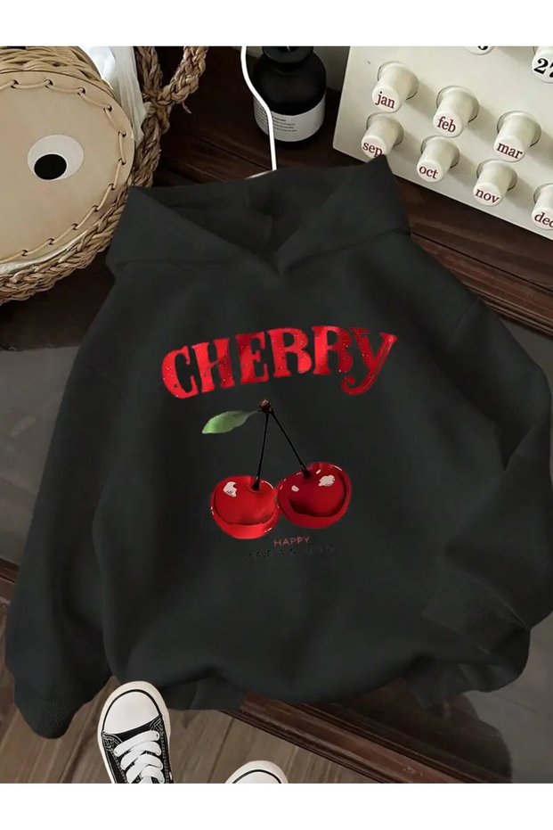 Hooded Sweatshirt - Cherry Graphic Print
