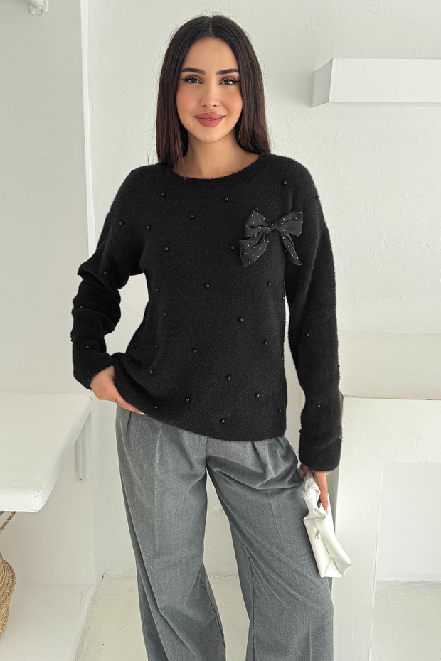 Women's Beaded Detailed Bow Knit Sweater – Elegant & Fun Style