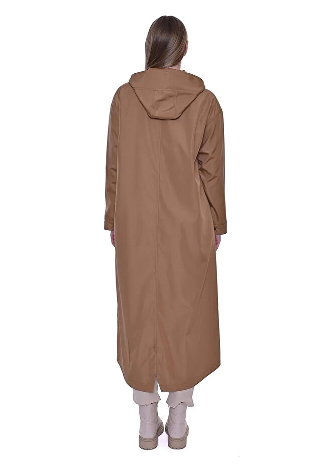 Kapüşonlu Uzun Yağmurluk - Camel - 3