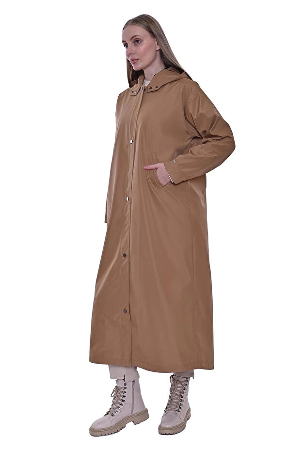 Kapüşonlu Uzun Yağmurluk - Camel - 2