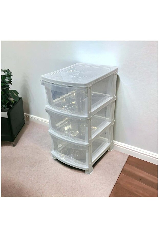 Plastic 3-Drawer Storage Unit with Transparent Drawers and White Frame - 1