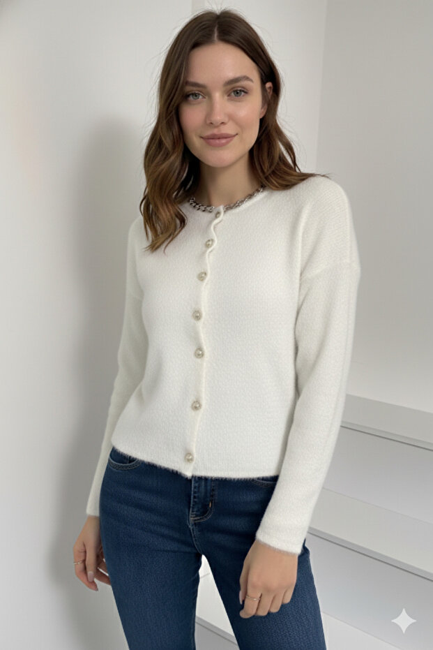 Women's White Pearl Buttoned Soft Textured Knitwear Cardigan