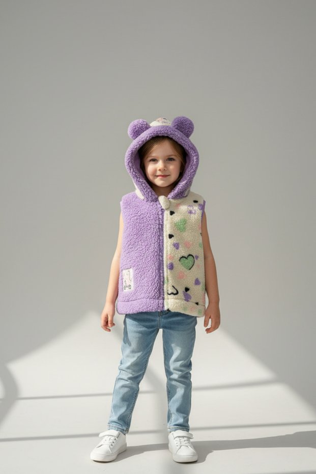 Girl's Cotton Lilac Heart Plush Ear Hooded Vest - Soft Textured