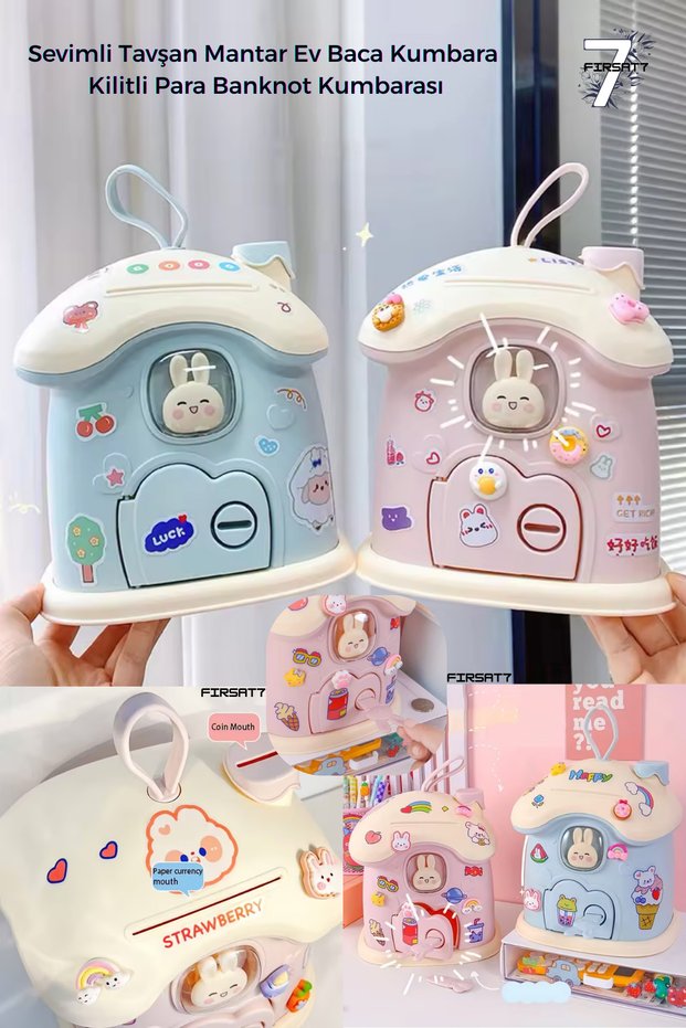 Cute Rabbit Mushroom House Chimney Piggy Bank Lockable Money Box Gift for Lover Children Piggy Bank