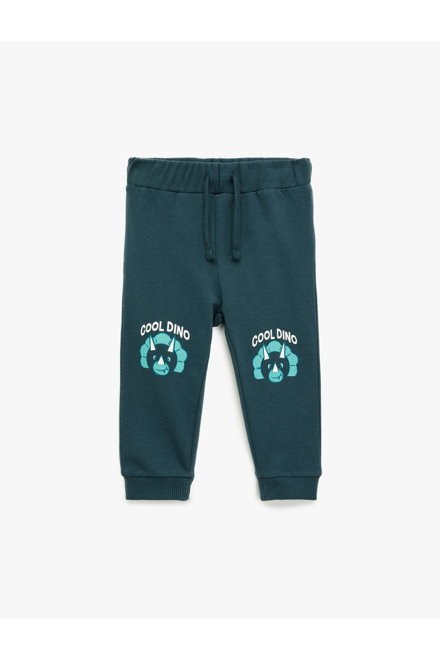 Cotton Dinosaur Printed Lace-Up Waist Ribbed Jogger Sweatpants