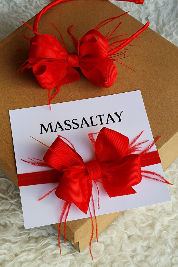 Red Mother Bow Feather Crown and Baby Bandana Set - Stylish and Coordinated Accessory Set