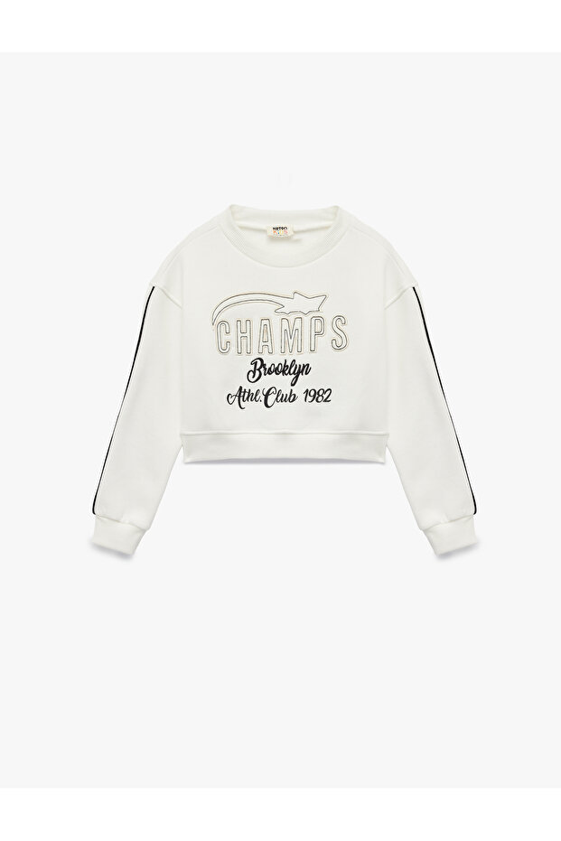 Long Sleeve Crew Neck Applique Detailed Cotton Ribbed Sweatshirt