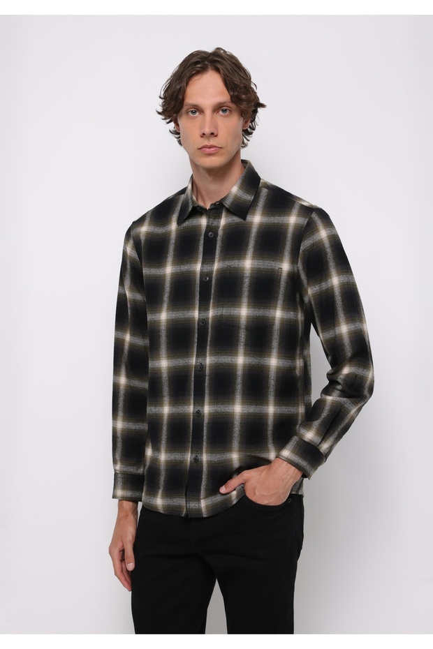 Regular Fit Shirt Neck Plaid Men's Green Long Sleeve Shirt
