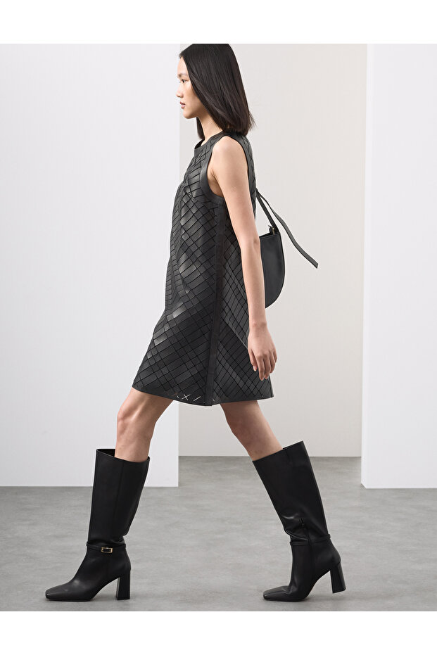 Deri Detaylı Mini Elbise - 5