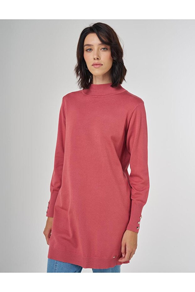 Balıkçı Yaka Basic Viskon Triko Tunik Gül Kurusu - 1