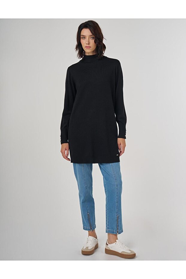 Balıkçı Yaka Basic Viskon Triko Tunik Siyah - 1