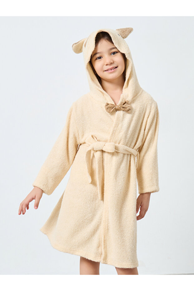 رداء حمام سادة بغطاء رأس باللون البيج - 2