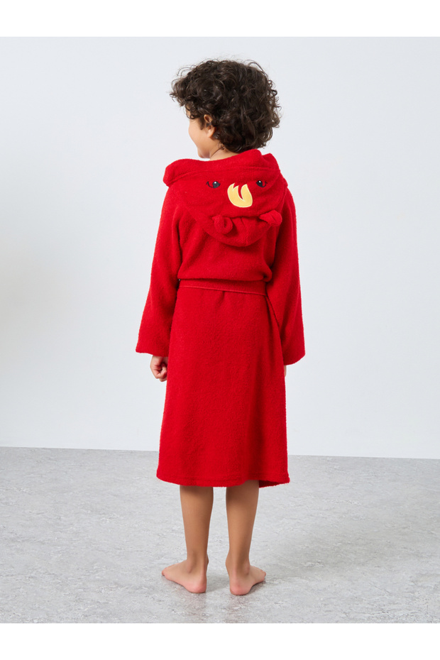 Red Solid Hooded Bath Robe - 5