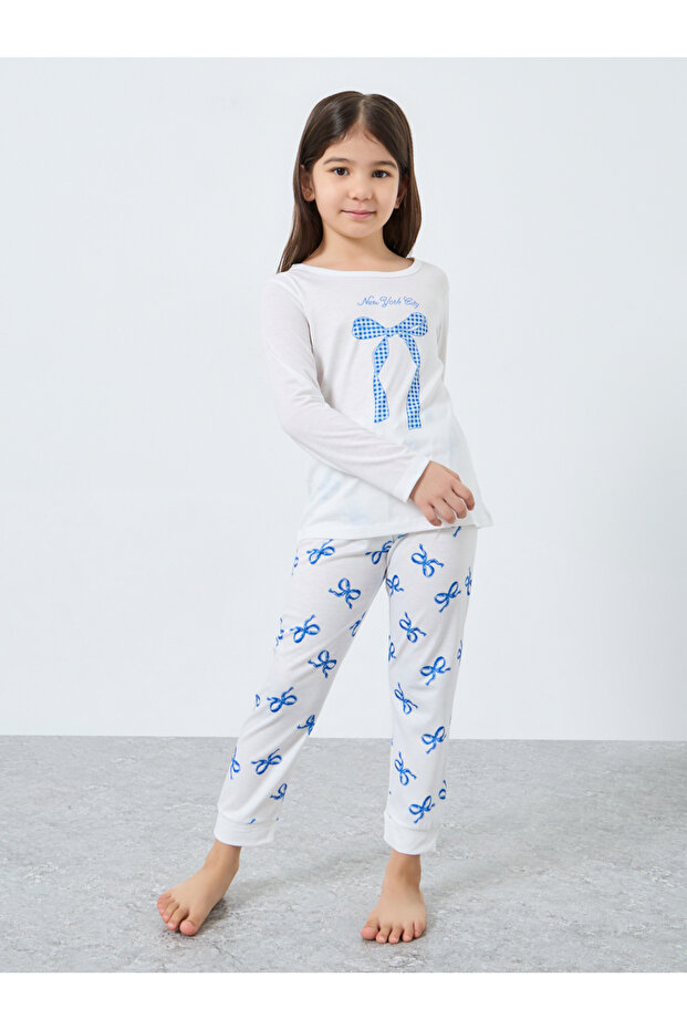 Off White Bow Print Long Sleeve Top and Pyjama Set