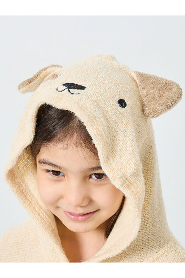 رداء حمام سادة بغطاء رأس باللون البيج - 4