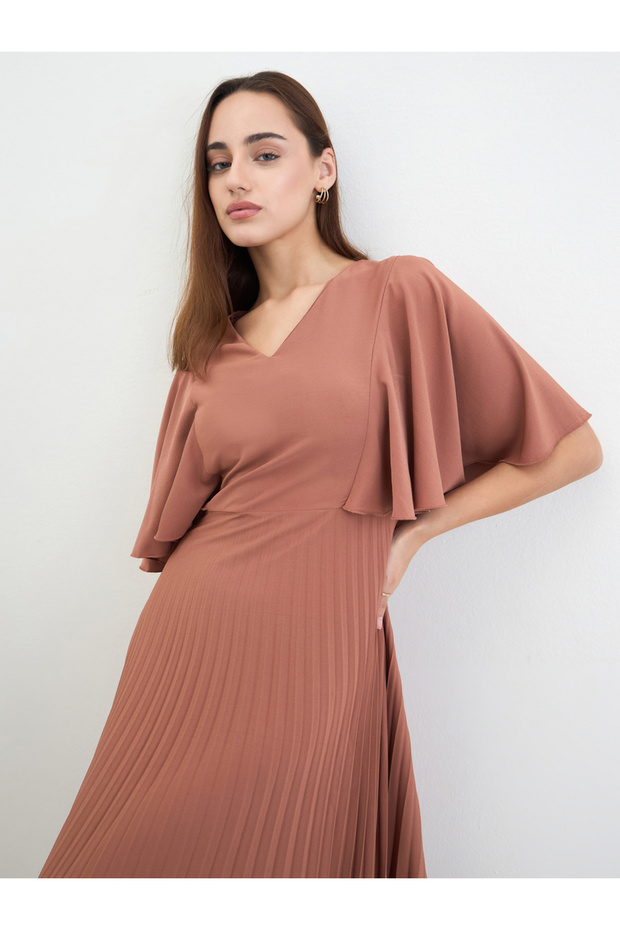 Pleated Crepe A-Line Maxi Dress with Frill Sleeves