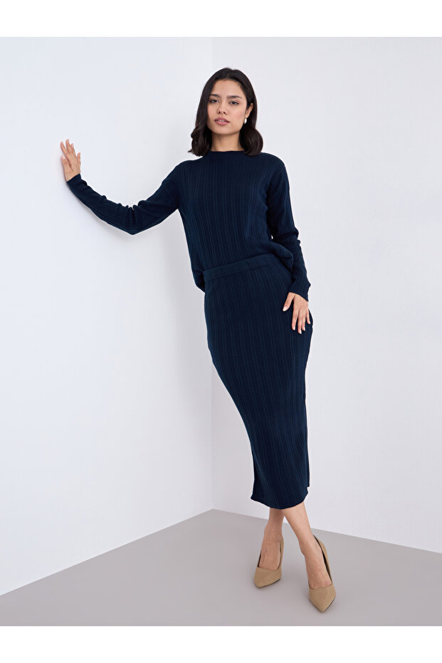 Navy Ribbed Knit Sweater and Midi Skirt Co-Ords