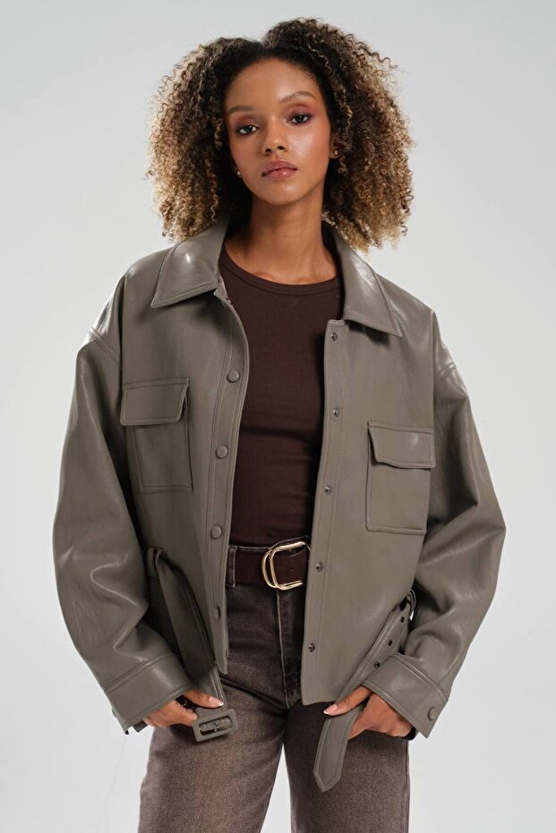Women's Faux Leather Belt Detailed Design Jacket