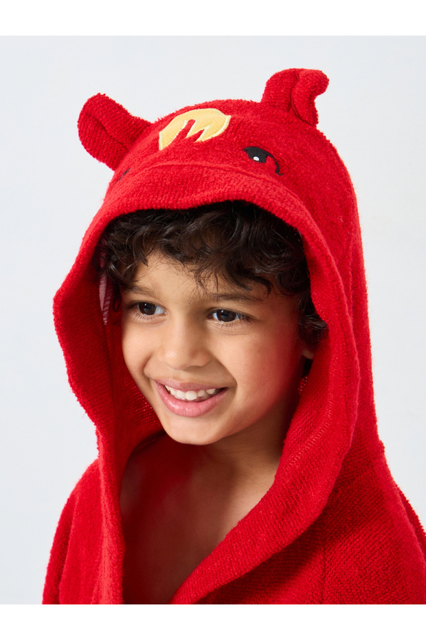 Red Solid Hooded Bath Robe - 4