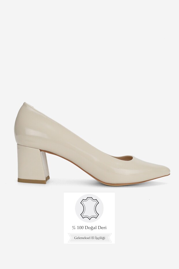 Women's Beige Patent Leather Genuine Leather Size 35-41 Medium Heel Pointed Toe Classic Shoes