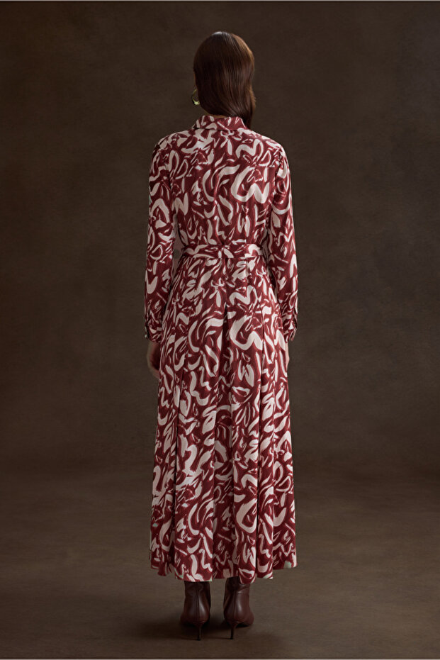 Bordo Desenli Viscon Elbise - 5