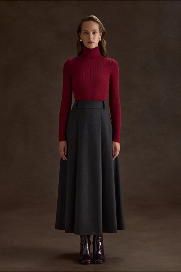 Antrasit Pileli Kloş Dokuma Etek - 1