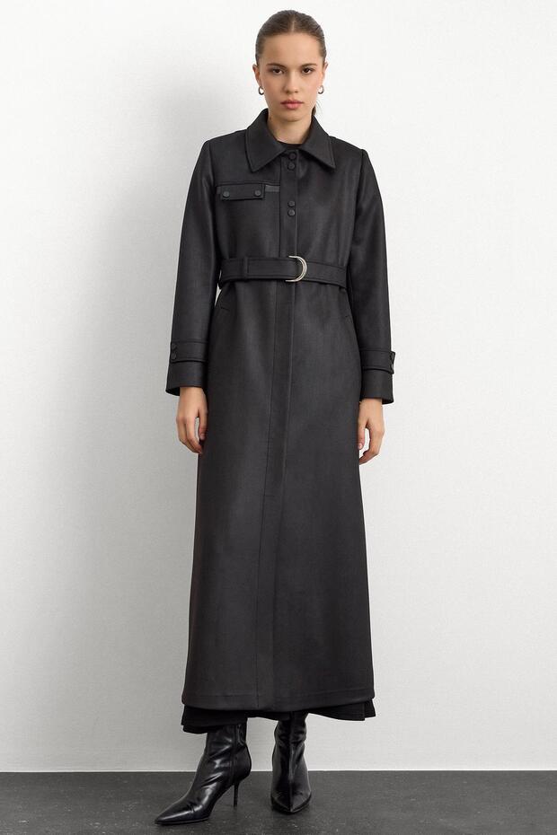 Shirt Collar Snap Fastener and Leather Detail Gabardine Suede Top Coat Black 6799