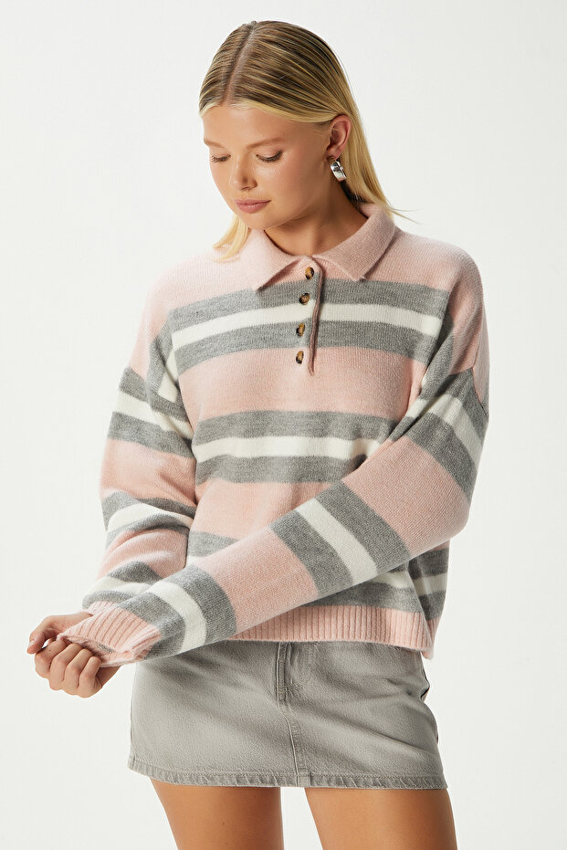 Women's Otto Soft Textured Pola Collar Powder Gray Striped Sweater