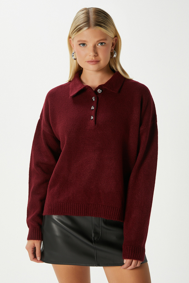 Women's Otto Soft Textured Pola Collar Burgundy Sweater