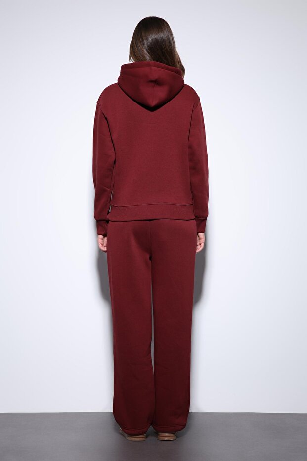 Bordo Kapüşonlu Basic Kadın Sweatshirt - 7