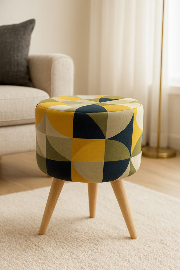 Modern Dekoratif Ahşap Masif Ayaklı Desenli Kadife Puf Bench Tabure Koltuk - 3