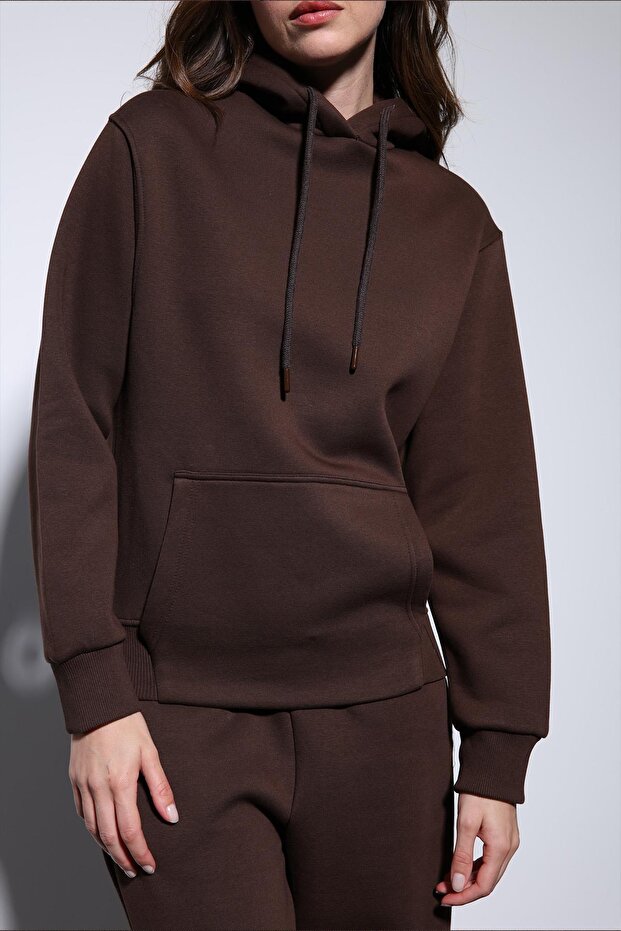 Kahve Kapüşonlu Basic Kadın Sweatshirt - 5