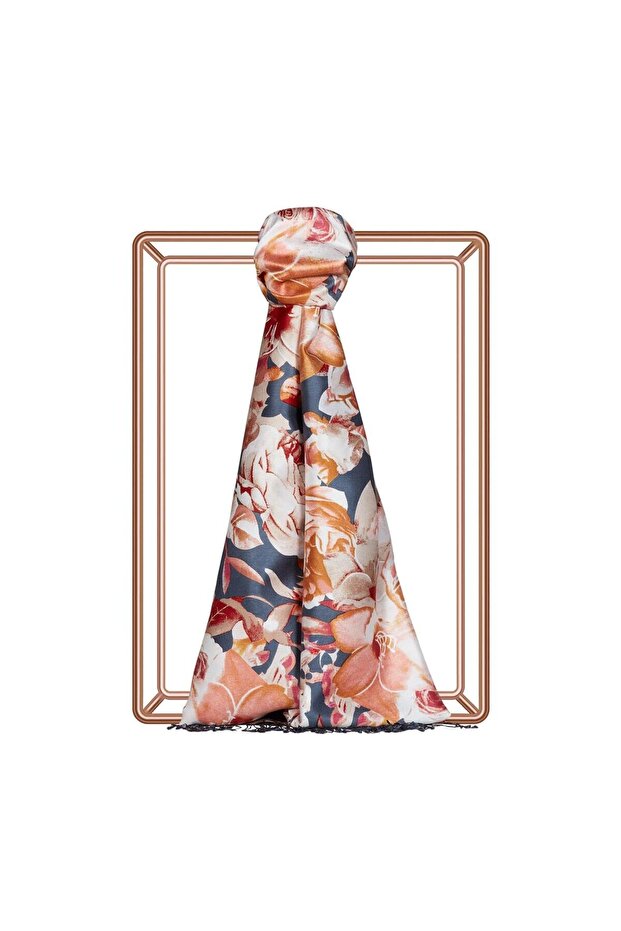 Patterned Silk Shawl - Rose Pattern - Navy Blue - 1