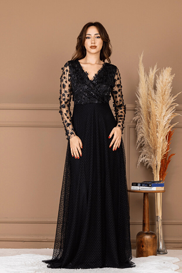 Three-Dimensional Floral Long Dress - BLACK