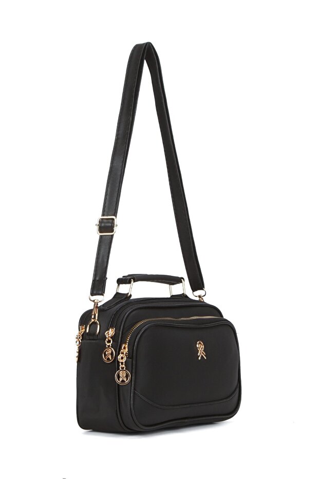Women's Long Strap Zippered Hand and Shoulder Bag - Black